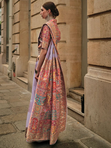 Attractive Lavender Zari Weaving Silk Wedding Wear Saree With Blouse